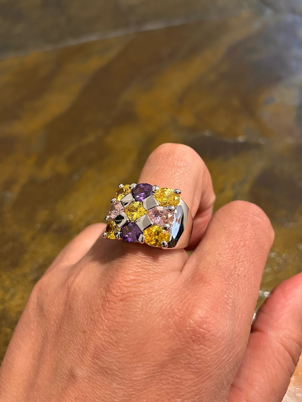 Multicolor CZ Gemstone Cluster Silver Ring - Women Jewelry 8-1/2